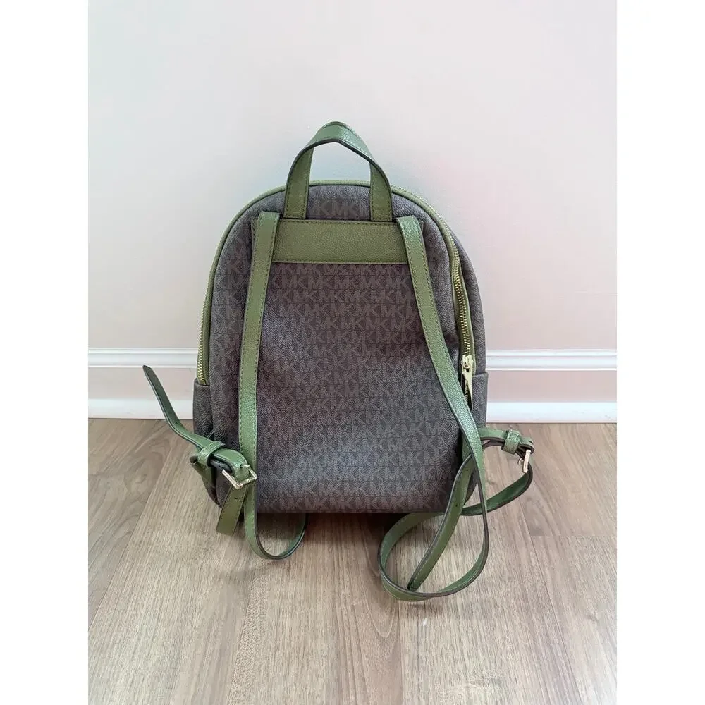 Michael Kors Erin Medium Brown MK Logo Green Trim Backpack